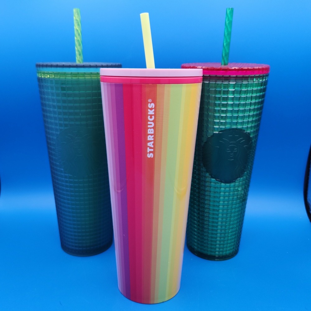 Starbucks 3 pc 24oz Tumbler Set Rainbow Stripe Green/Yellow Green/Pink Cold Cups